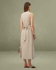 Khaki Striped V-Neck Sleeveless Maxi Dress