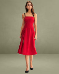 Red Contrast Slit Slip Midi Dress