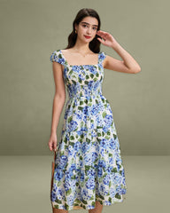 Blue Floral Square Neck Shirred Midi Dress