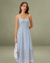 Blue Floral V Neck Shirred Slip Midi Dress