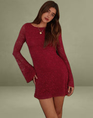 Sevila Long Sleeve Mini Dress in Deep Red Lace