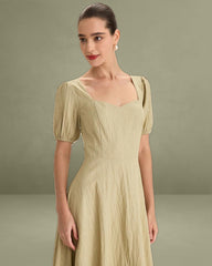 Green Sweetheart Neck Shirred Midi Dress