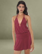 Senara Cinch Waist Halterneck Mini Dress in Burgundy