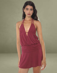 Senara Cinch Waist Halterneck Mini Dress in Burgundy