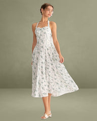 Green Floral Ruched Lace Halter Midi Dress