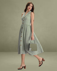 The Green Lapel Plaid Sleeveless Shirt Midi Dress