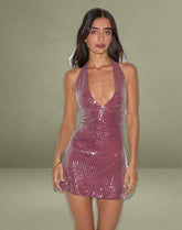 Hepasi Halter Mini Dress in Clear Sequin Maroon