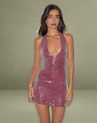 Hepasi Halter Mini Dress in Clear Sequin Maroon