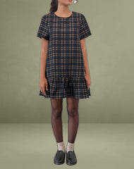 Asterin Mini Smock Dress in Navy Mustard Check