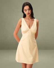 Yellow V Neck Polka Dot Sleeveless Mini Dress