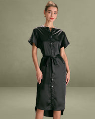 The Black Crew Neck Belted Satin Midi Dress