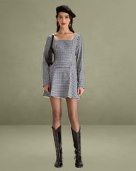 Navy Square Neck Plaid Mini Dress