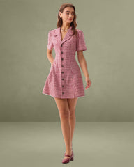 Red Plaid Pocket Button Mini Dress