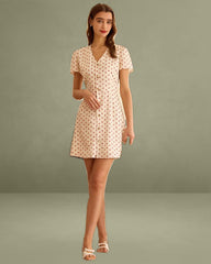The Beige Polka Dot Button Mini Dress