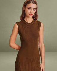 Brown A-Line Sleeveless Sweater Dress