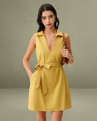 Yellow Tie Waist Sleeveless Mini Dress