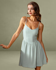 Green Shirred Slip Mini Dress