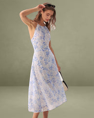 Blue Floral Halter Midi Dress