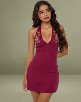 Hepzhi Mini Dress in Burgundy With Floral Embroidery