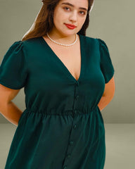 Green Puffed Sleeve Plus Size Mini Dress