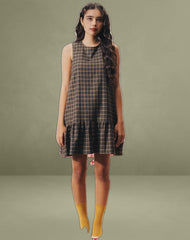 Samana Babydoll Mini Dress in Check Dark Brown