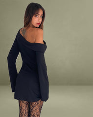 Fliss Asymmetric Mini Dress in Slinky Black