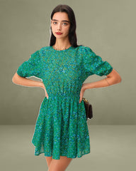 Green Ruched Elastic Waist Mini Dress