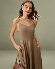Khaki A-Line Pleated Slip Midi Dress