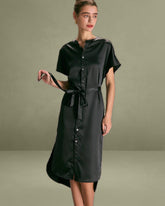 The Black Crew Neck Belted Satin Midi Dress