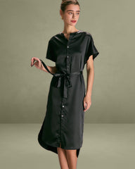The Black Crew Neck Belted Satin Midi Dress
