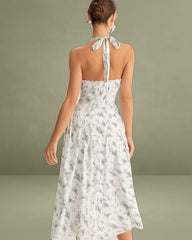 Green Floral Ruched Lace Halter Midi Dress