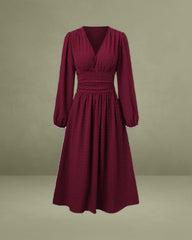 Wine Red Polka Dot Shirred Midi Dress