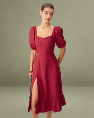 Red Square Neck Shirred Midi Dress