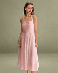 Pink Embroidery Halter Midi Dress