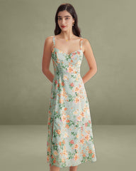 Green Floral Sweetheart Neck Slip Midi Dress