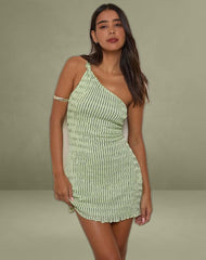 Idarius One Shoulder Mini Dress in Stripe Textured Mesh Mint