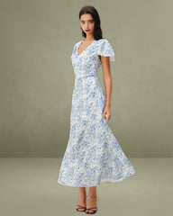 Blue Floral V Neck Button Maxi Dress