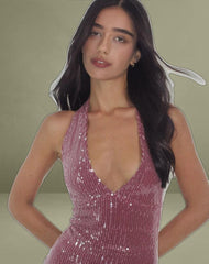 Hepasi Halter Mini Dress in Clear Sequin Maroon