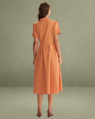 Orange V Neck Pleated Button Midi Dress