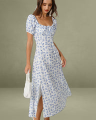 Blue Floral Square Neck Ruched Midi Dress