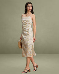Yellow Floral Ruched Slip Midi Dress