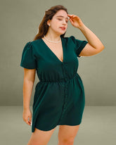 Green Puffed Sleeve Plus Size Mini Dress