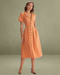Orange V Neck Pleated Button Midi Dress