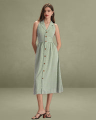 The Green Lapel Plaid Sleeveless Shirt Midi Dress