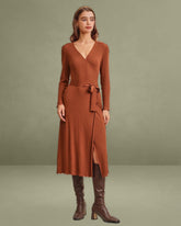 Caramel Knit Wrap Midi Dress