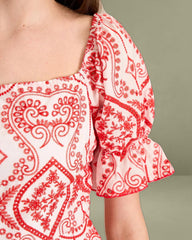 Women's Geometric Embroidery Ruffle Cotton Midi Dress