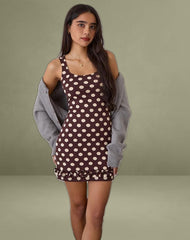 Vadora Frill Hem Mini Dress in Brown with Big Polka Cream