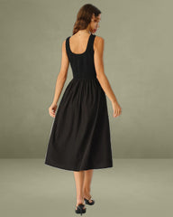 Black Shirred Sleeveless Midi Dress