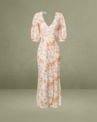 Orange Floral V-Neck Puffed Sleeve Maxi Dress