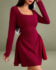 Wine Red Square Neck A-Line Mini Dress